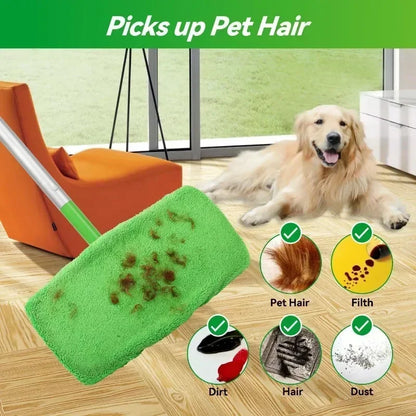 Set of three green microfiber mop cloths with scouring pads, reusable home cleaning accessories for Swiffer flat mops, 25x11.5 cm.