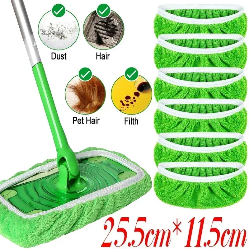 Green microfiber mop cloths with scouring pads for Swiffer flat mops, reusable cleaning accessories, 25x11.5 cm, three-piece set.