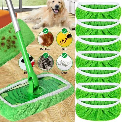 Three green microfiber mop cloths with scouring pads for reusable flat mops, ideal for home cleaning, measuring 25x11.5 cm.