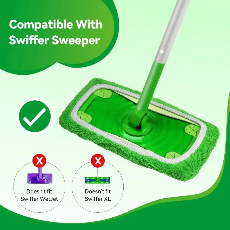 Three green microfiber mop cloths with scouring pads, reusable mop boards, designed for Swiffer flat mops, 25 x 11.5 cm.