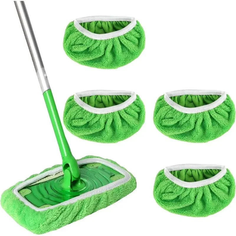 Green microfiber mop cloths and scouring pads for Swiffer flat mops, reusable home cleaning accessories, 25 x 11.5 cm size.