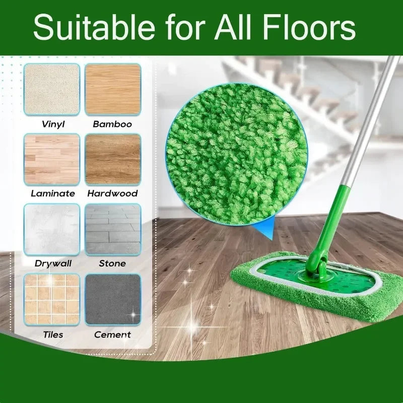 Green microfiber mop cloths and scouring pads for Swiffer flat mops, reusable home cleaning accessories, 25x11.5 cm.