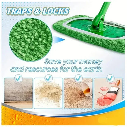 Set of three green microfiber mop cloths with scouring pads for Swiffer flat mops, reusable home cleaning accessories, 25x11.5 cm