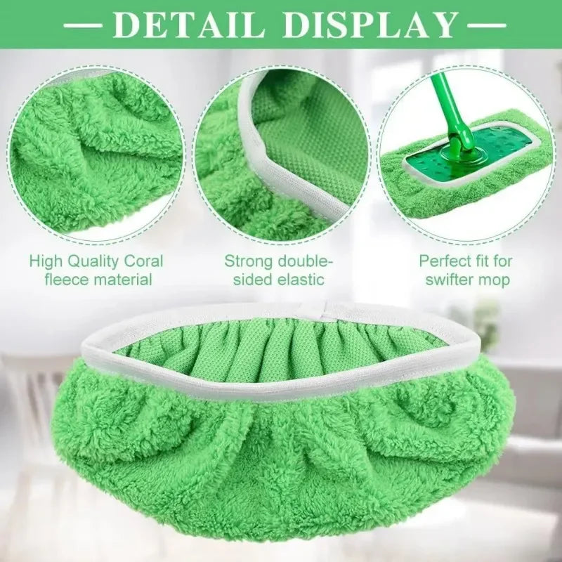 Set of three green microfiber mop cloths and scouring pads for Swiffer flat mops, reusable home cleaning accessories 25x11.5 cm