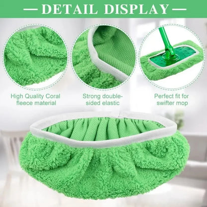 Set of three green microfiber mop cloths and scouring pads for Swiffer flat mops, reusable home cleaning accessories 25x11.5 cm