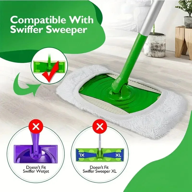 Set of three green microfiber mop cloths with scouring pads for Swiffer flat mops, reusable home cleaning accessories, 25x11.5 cm