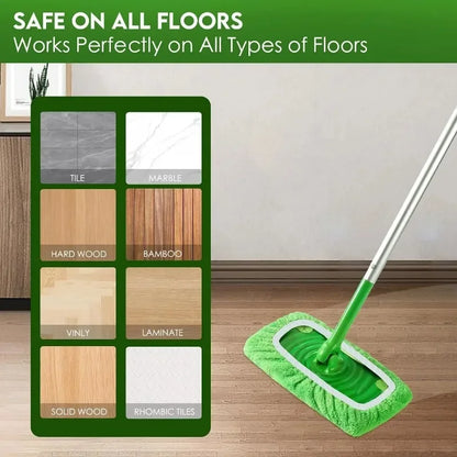 Green microfiber mop cloths and scouring pads for Swiffer flat mops, reusable home cleaning accessories, 25 x 11.5 cm.