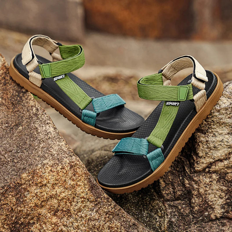Green men's summer sandals by BACKUPMYFILESNOW.COM®, lightweight casual outdoor shoes perfect for beach holidays and leisure.