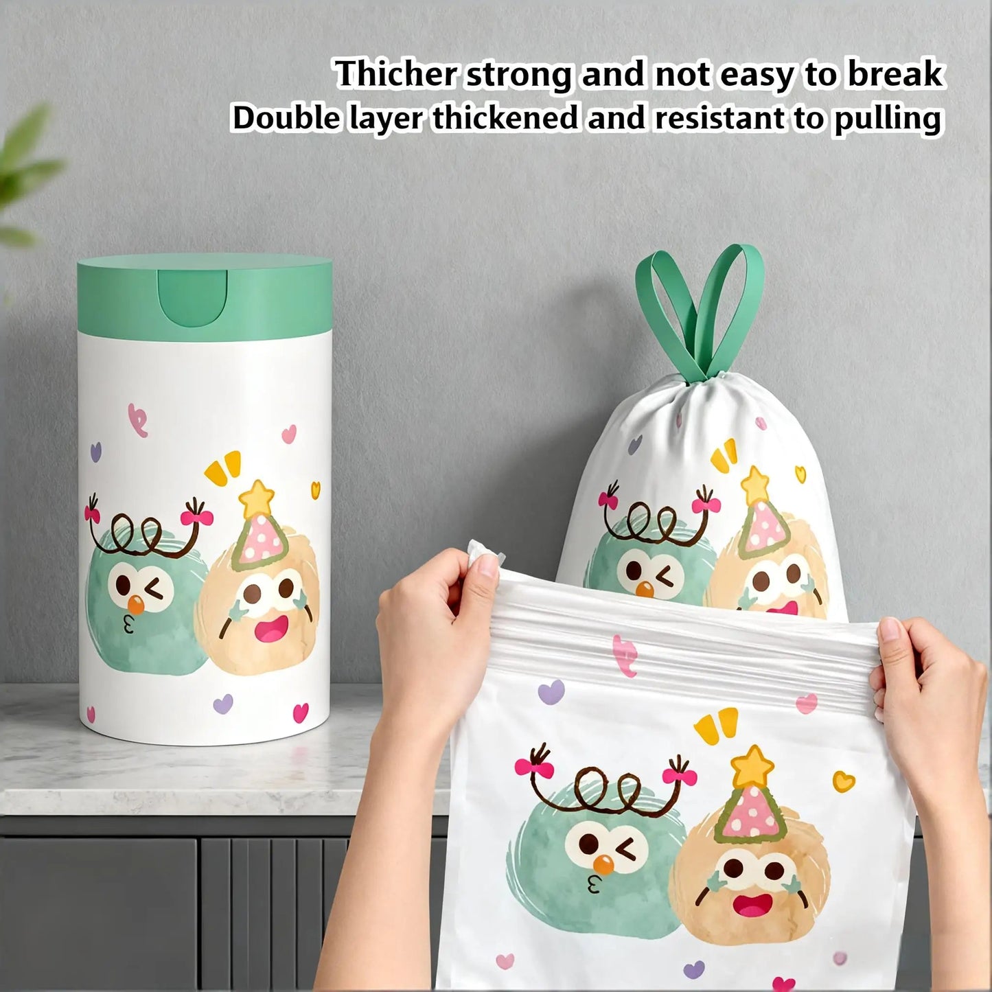 Green portable flower-scented trash bags with drawstring design, large size, high-density polyethylene, 1 roll, 60pcs for home and office.
