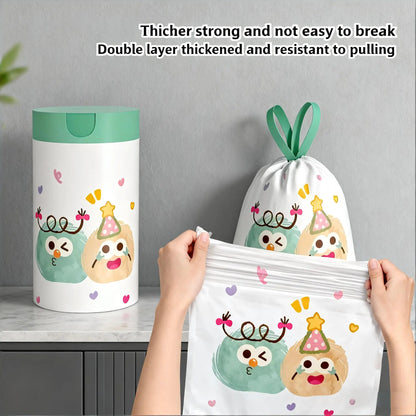 Green portable flower-scented trash bags with drawstring design, large size, high-density polyethylene, 1 roll, 60pcs for home and office.