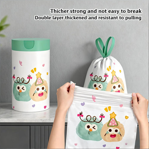 Green portable flower-scented trash bags with drawstring design, large size, high-density polyethylene, 1 roll, 60pcs for home and office.