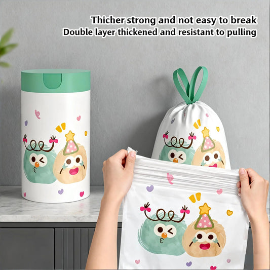 Green portable flower-scented trash bags with drawstring design, large size, high-density polyethylene, 1 roll, 60pcs for home and office.