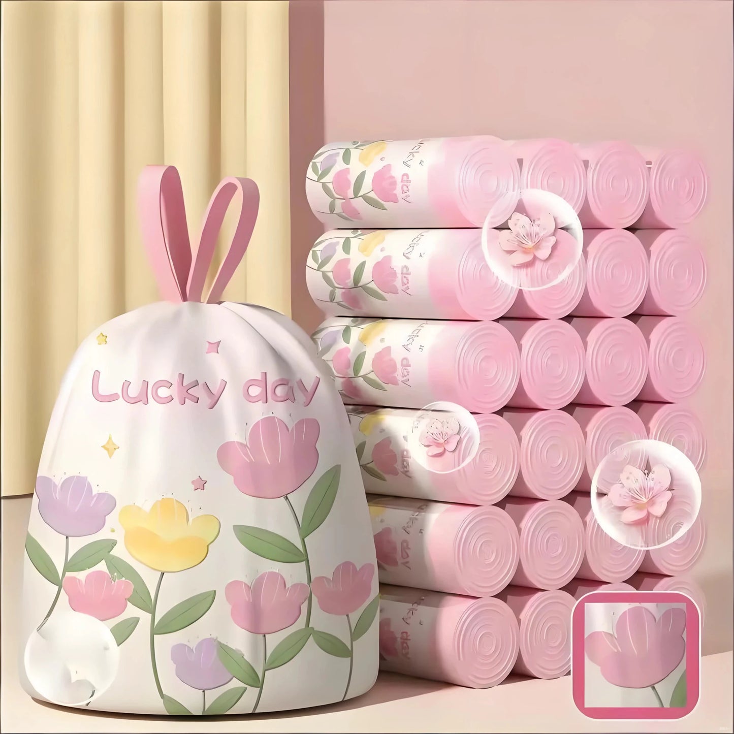 Green scented trash bags with drawstring design, high-density polyethylene, large size, portable, for home and office use.