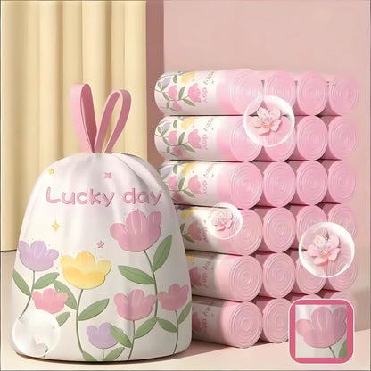 Green scented trash bags with drawstring design, high-density polyethylene, large size, portable, for home and office use.