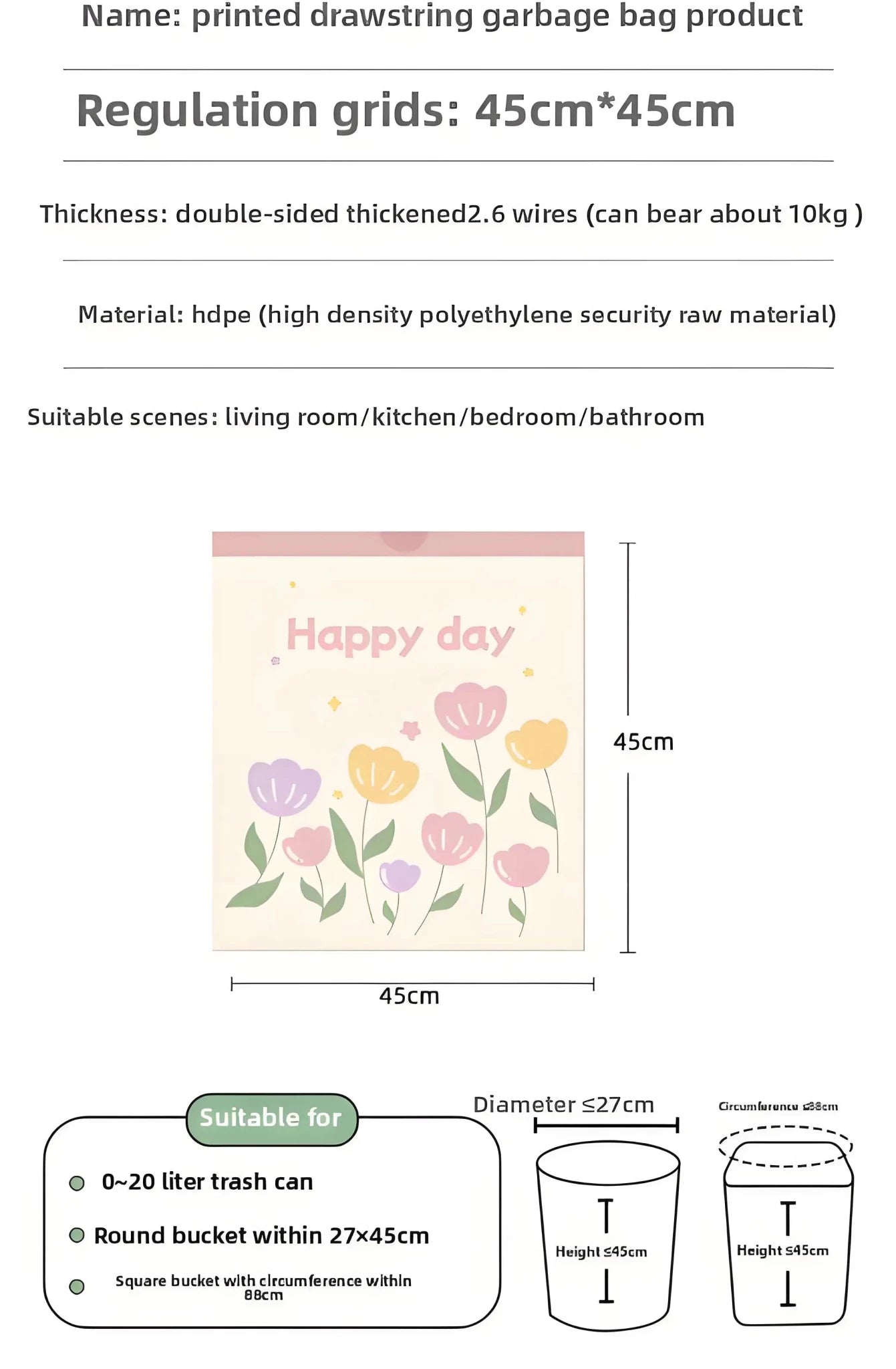 Green floral-scented trash bags with drawstring design, large size, high-density polyethylene, portable roll for home and office use.