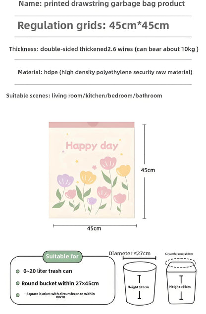 Green floral-scented trash bags with drawstring design, large size, high-density polyethylene, portable roll for home and office use.