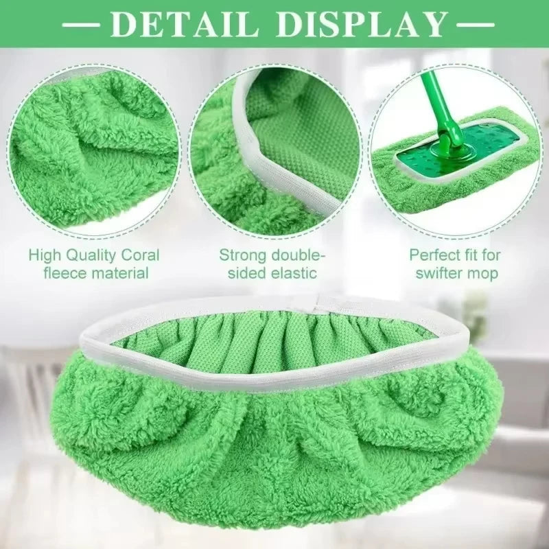 Green reusable microfiber mop pads for Swiffer Sweeper Mops, washable surface and hardwood floor cleaning cloth refills.