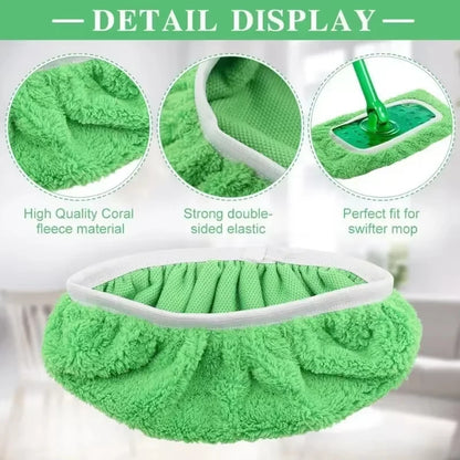 Green reusable microfiber mop pads for Swiffer Sweeper Mops, washable surface and hardwood floor cleaning cloth refills.