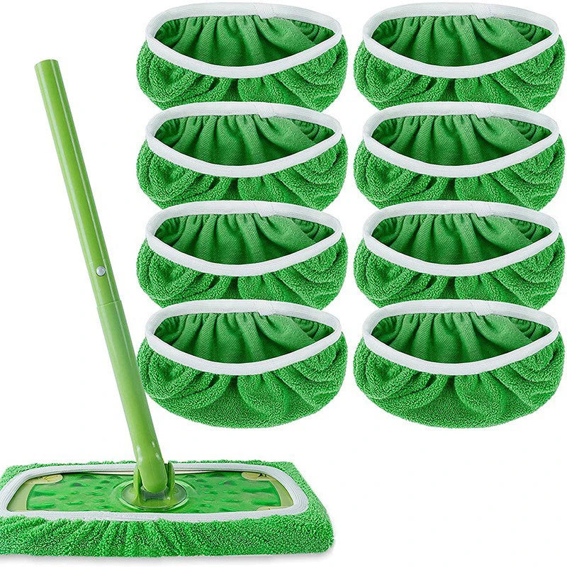 Green reusable microfiber mop pads for Swiffer Sweeper mops, washable refills for surface and hardwood floor cleaning.