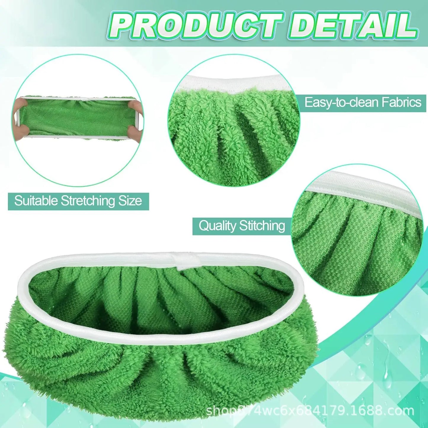 Set of four green reusable microfiber mop pads for Swiffer Sweeper mops, suitable for cleaning surfaces and hardwood floors.