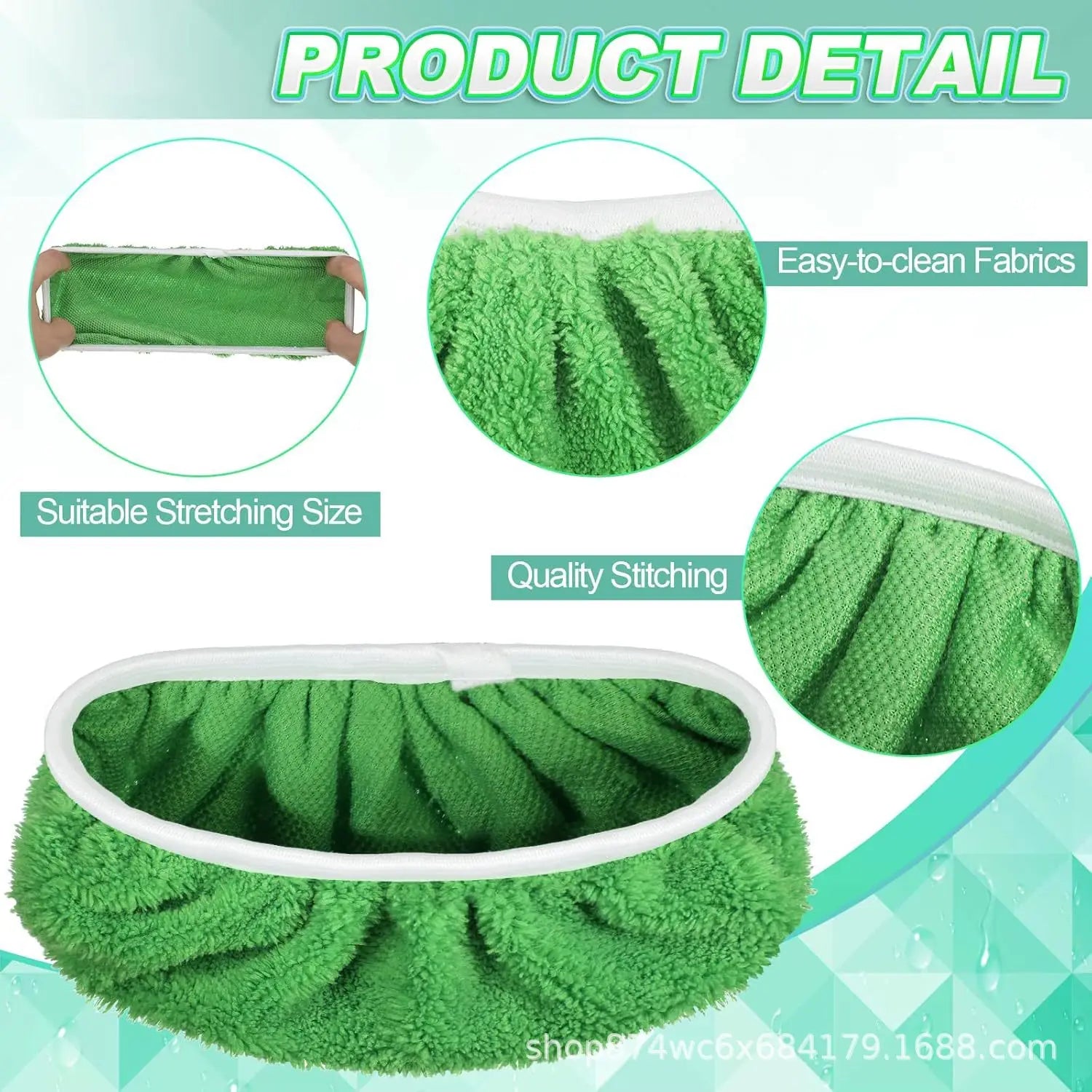 Set of four green reusable microfiber mop pads for Swiffer Sweeper mops, suitable for cleaning surfaces and hardwood floors.