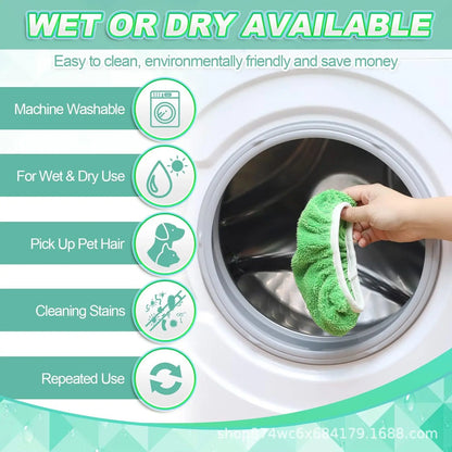 Set of four green reusable microfiber mop pads for Swiffer Sweeper mops, ideal for cleaning surfaces and hardwood floors.