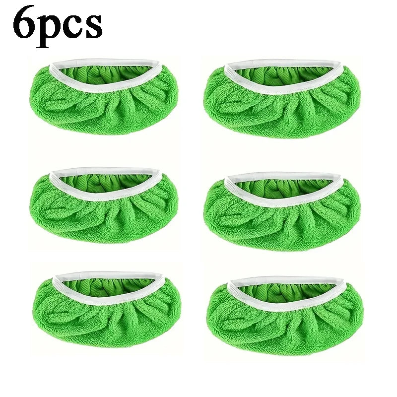 Four green reusable microfiber mop pads for Swiffer Sweeper mops, ideal for cleaning surfaces and hardwood floors.