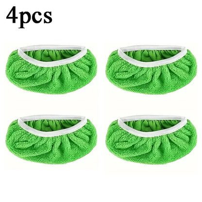 Set of four green reusable microfiber mop pads for Swiffer Sweeper mops, ideal for cleaning hardwood and surface floors.