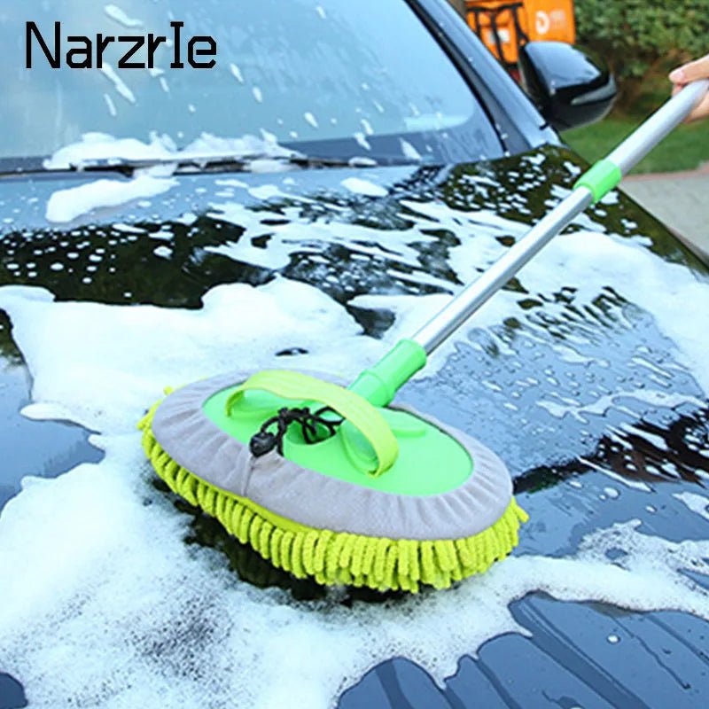 Green car cleaning brush with adjustable telescoping handle and super absorbent bristles for detailed auto washing.