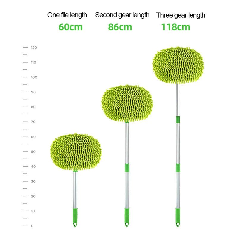 Green BACKUPMYFILESNOW® car cleaning brush with adjustable telescoping handle and super absorbent bristles for auto detailing.