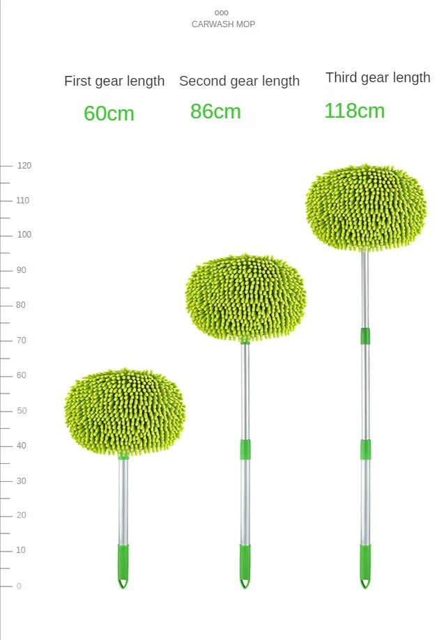 Green car cleaning brush with adjustable telescoping handle, super absorbent bristles, ideal for auto detailing and washing.