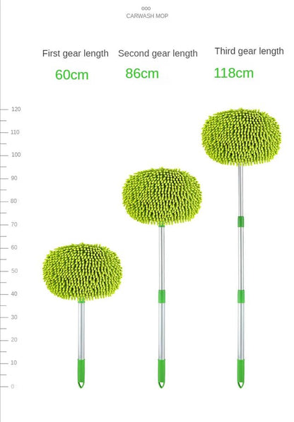 Green car cleaning brush with adjustable telescoping handle, super absorbent bristles, ideal for auto detailing and washing.