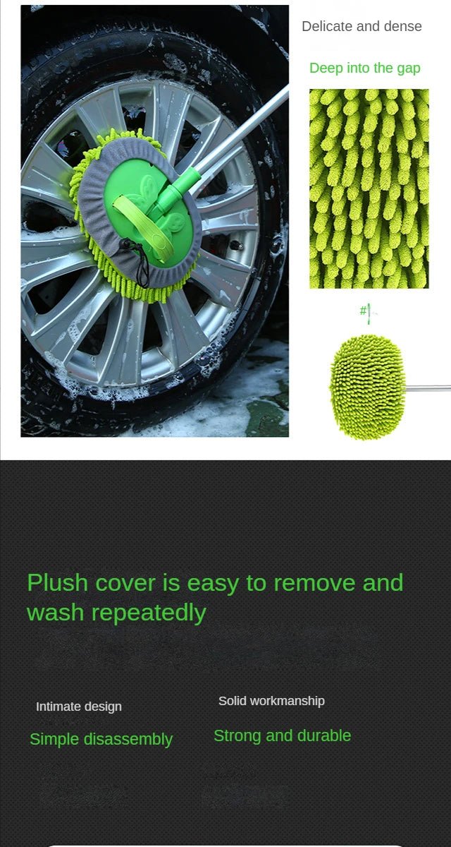 Green car cleaning brush with adjustable telescoping handle and super absorbent bristles for detailed auto washing.
