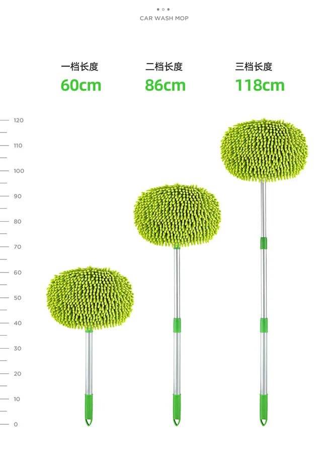 Green BACKUPMYFILESNOW® car cleaning brush with adjustable telescoping handle and super absorbent head for detailed auto washing.