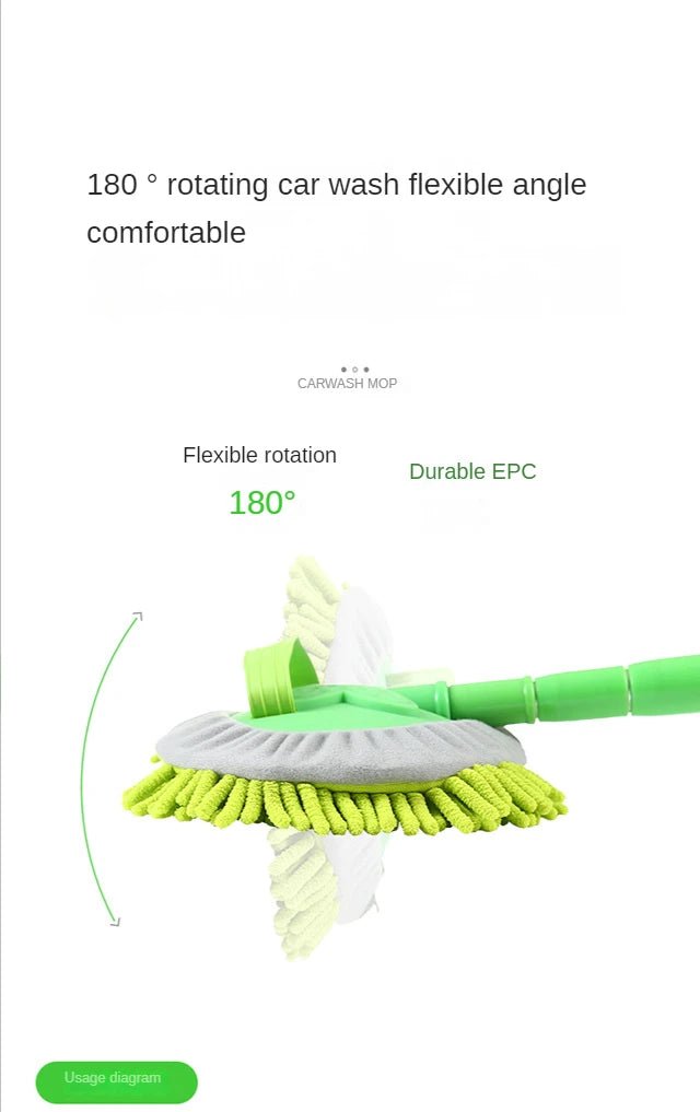 Green car cleaning brush with adjustable telescoping handle and super absorbent head, ideal for detailed auto washing.