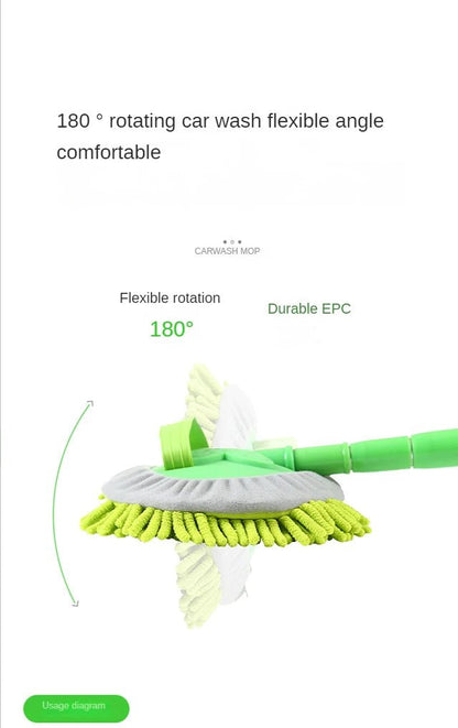 Green car cleaning brush with adjustable telescoping handle and super absorbent head, ideal for detailed auto washing.
