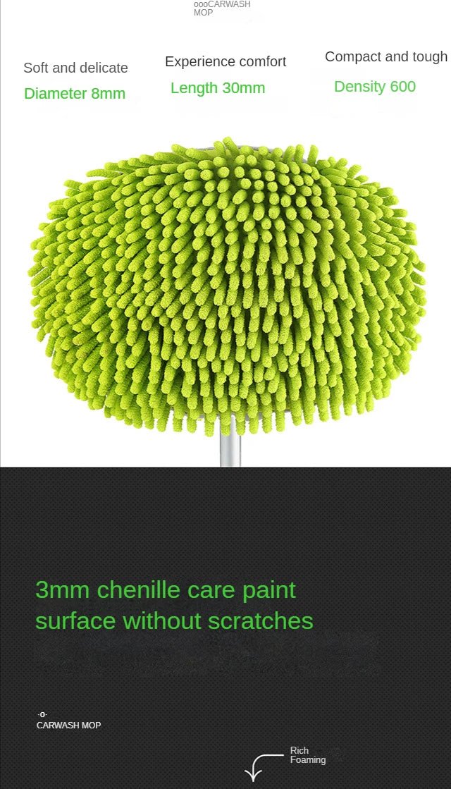 Green BACKUPMYFILESNOW.com car cleaning brush with adjustable telescoping handle and super absorbent cleaning head for auto detailing.