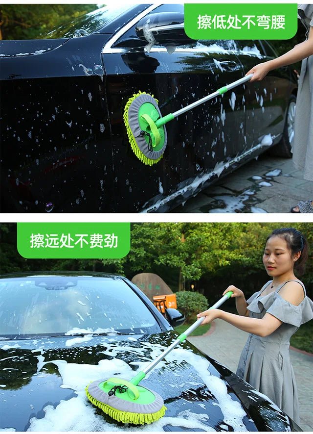 Green car cleaning brush with adjustable telescoping handle and super absorbent head for detailing and washing vehicles.