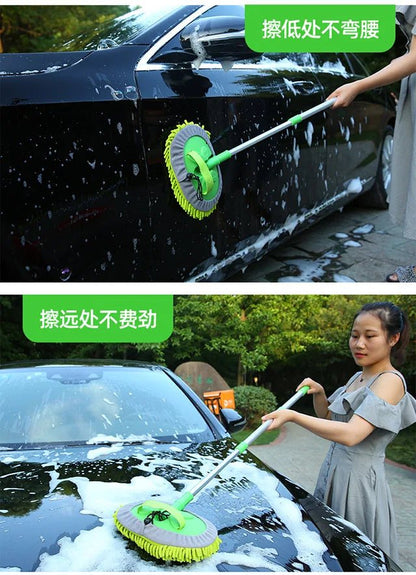 Green car cleaning brush with adjustable telescoping handle and super absorbent head for detailing and washing vehicles.