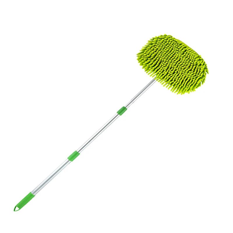 Green car cleaning brush with an adjustable telescoping handle and super absorbent bristles for detailed auto washing.