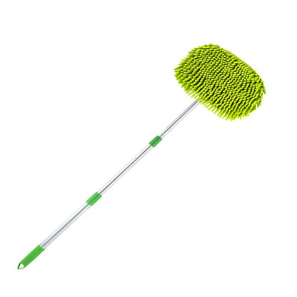 Green car cleaning brush with an adjustable telescoping handle and super absorbent bristles for detailed auto washing.