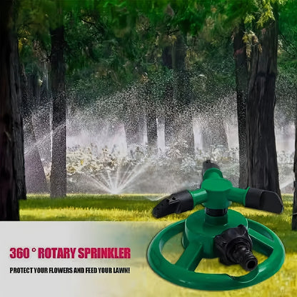 Green 360-degree automatic rotating garden sprinkler for lawn watering and irrigation, made by BackupMyFilesNow.com.