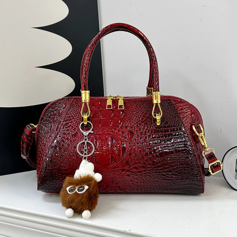 Black crocodile leather women's handbag with shoulder strap, luxury designer crossbody bag for women, stylish and classic.