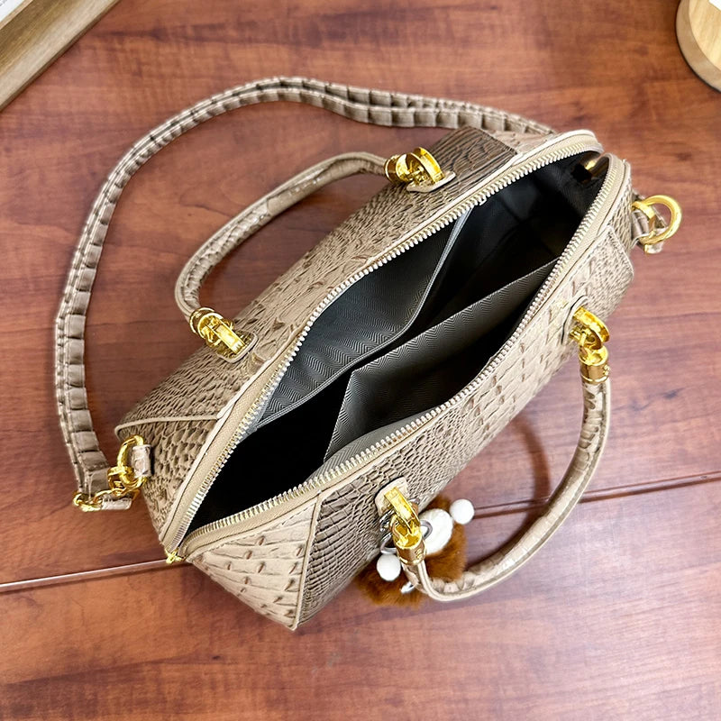 Black crocodile leather women's shoulder handbag with crossbody strap, luxury designer fashion bag for women.