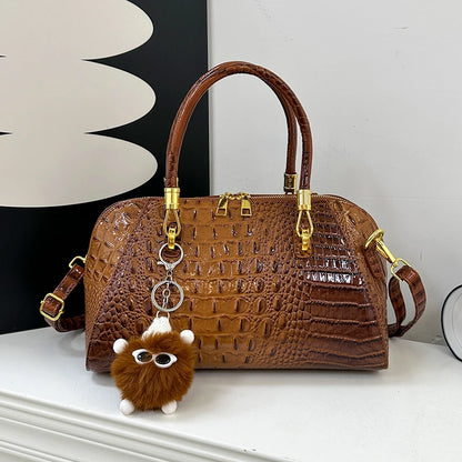 Black crocodile leather women's shoulder handbag with crossbody strap, luxury designer fashion bag for women 2025.