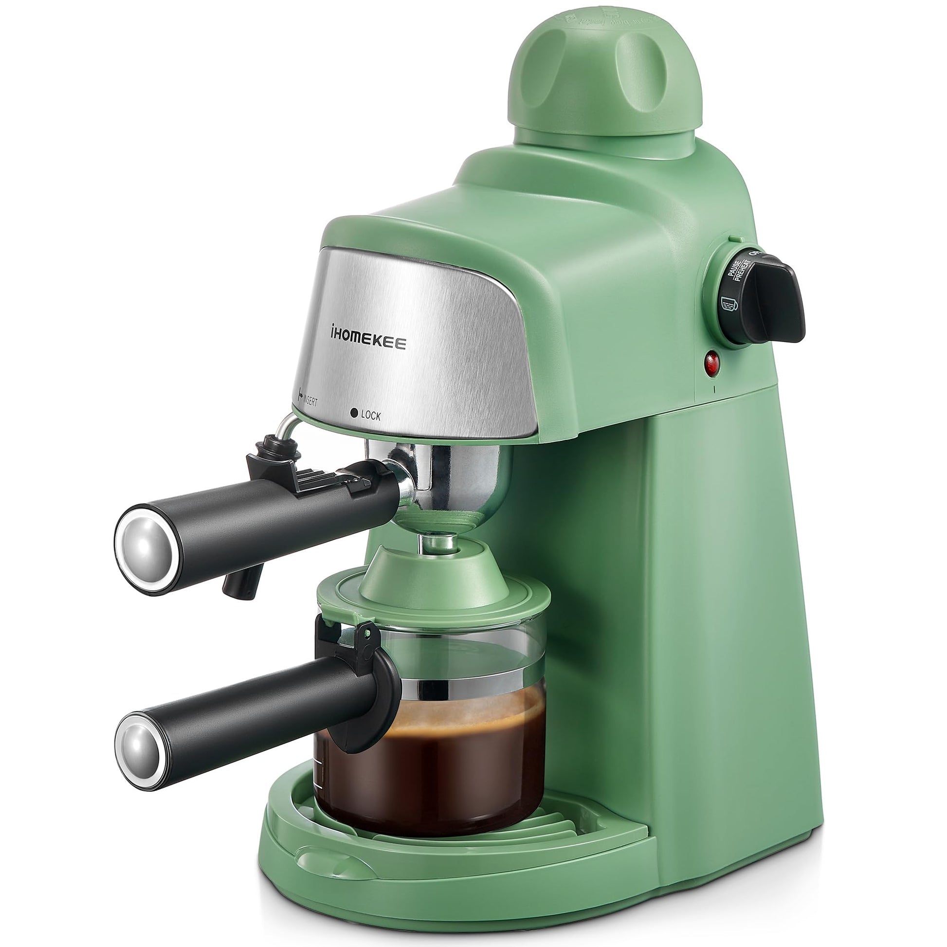 Green iHomekee espresso machine with 3.5Bar pressure, milk frothing, steam wand, fast heating, for 1-4 cups of coffee and cappuccino.