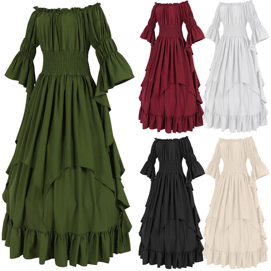 Women’s green medieval vintage dress with off-shoulder ruffles, long Renaissance Victorian style gown for cosplay or Halloween costume.