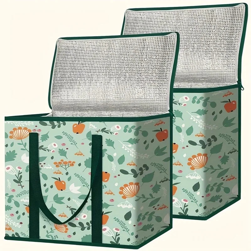Large reusable grocery bag by BackupMyFilesNow.com with zipper top, spacious interior, and storage pockets for hot or cold food.