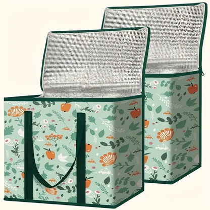 Large reusable grocery bag by BackupMyFilesNow.com with zipper top, spacious interior, and storage pockets for hot or cold food.