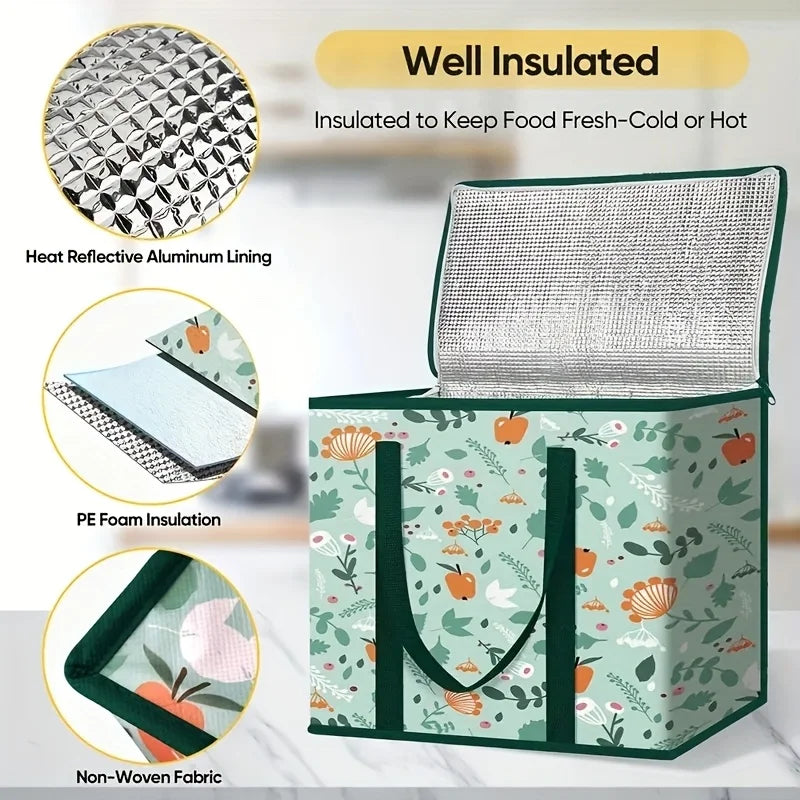 Large green reusable grocery bag from BackupMyFilesNow.com with durable zipper top, spacious interior, and storage pockets for hot or cold food